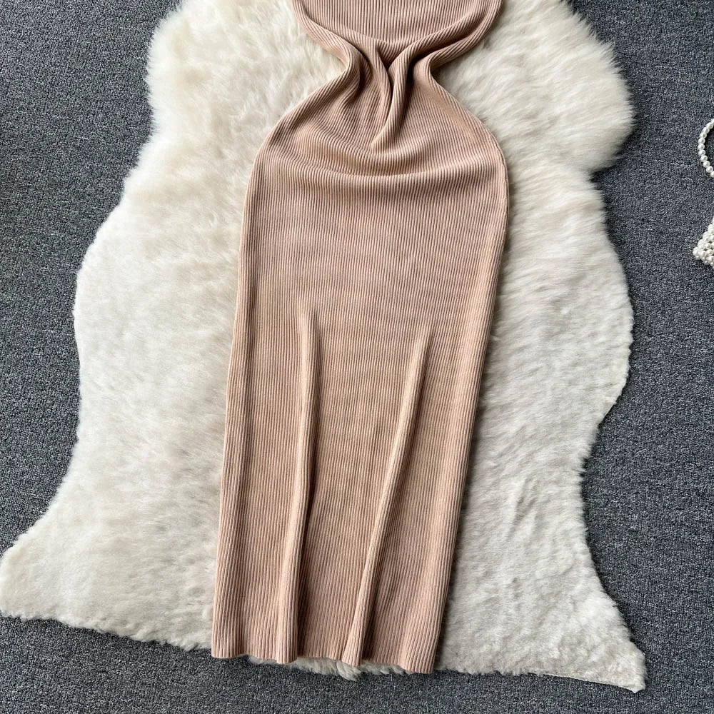 Summer Knit Sexy Strap Dress Women Tank Elatic Waist Bodycon Sundress Female Beach  Backless Maxi Long Dress