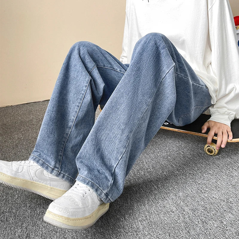 Jeans men's four-season new mopping straight loose wide legs trendy casual handsome comfortable trousers