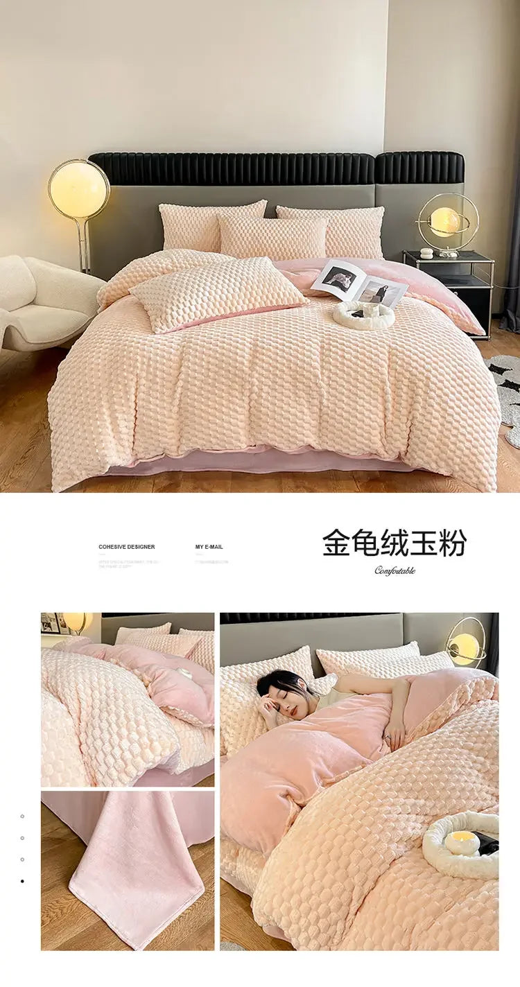 Four Piece Light Pink Honeycomb Plush Bed Duvet Cover Set Winter Milk Velvet Beds Sheet Skirt 3-Piece Home Furnishing Decoration