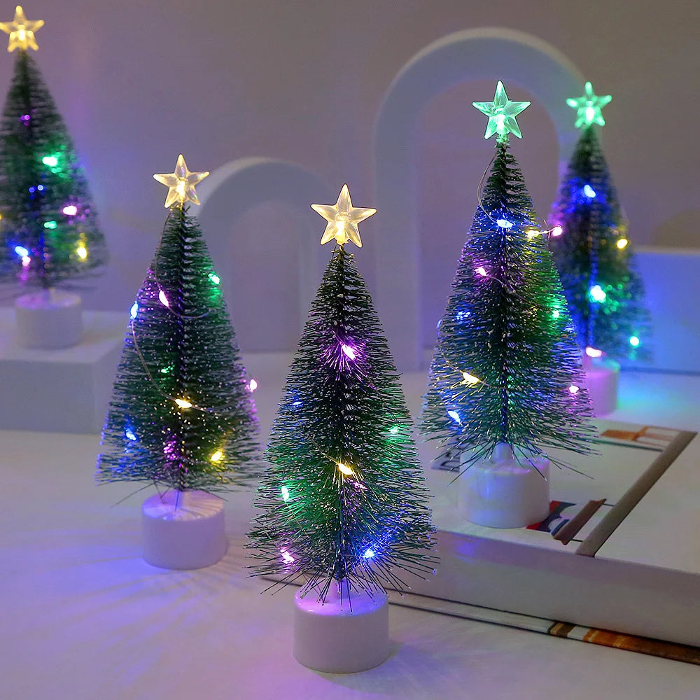 Mini Christmas Trees with LED Light Decor Tabletop Crafting DIY Christmas Gift Green Brush Trees Winter Ornaments