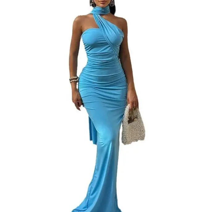 Luxurious Women's Evening Dresses Solid Color Halterneck Dress Backless Streamer Slit Temperament Long Dress for Women