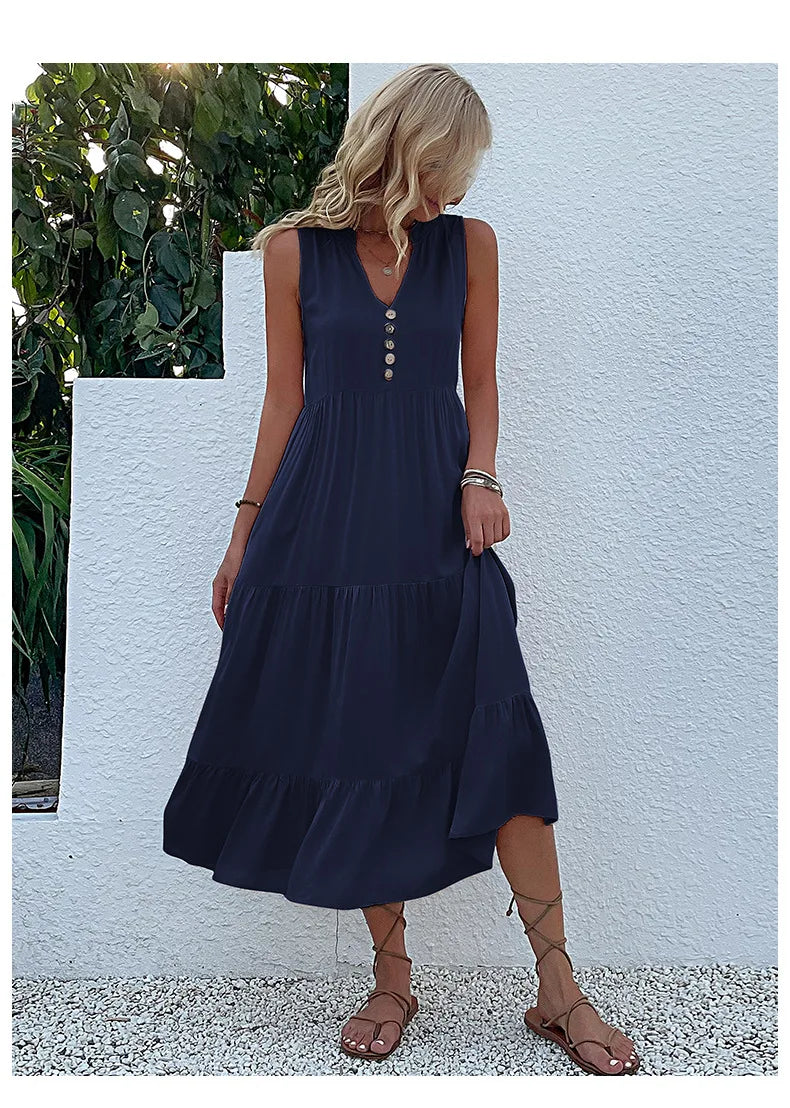 Dresses for Women 2025 Summer V-neck Single-breasted Vest Dress Sleeveless Loose Casual Solid Color Dress Vestidos De Mujer