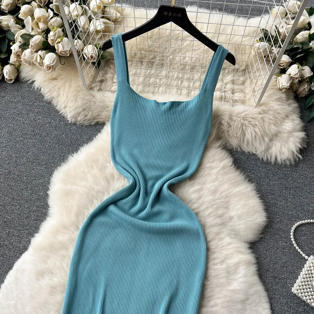 Summer Knit Sexy Strap Dress Women Tank Elatic Waist Bodycon Sundress Female Beach  Backless Maxi Long Dress