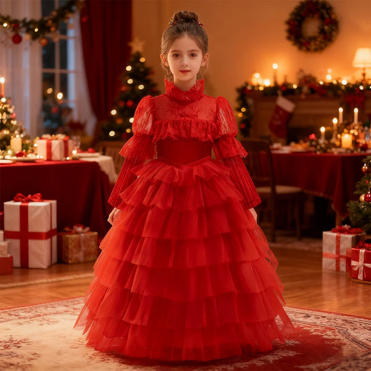 Christmas Red Princess Dress For Girls Party Dresses Flower Girl Wedding Dress Horror Bride Cosplay Costume Halloween Carnival
