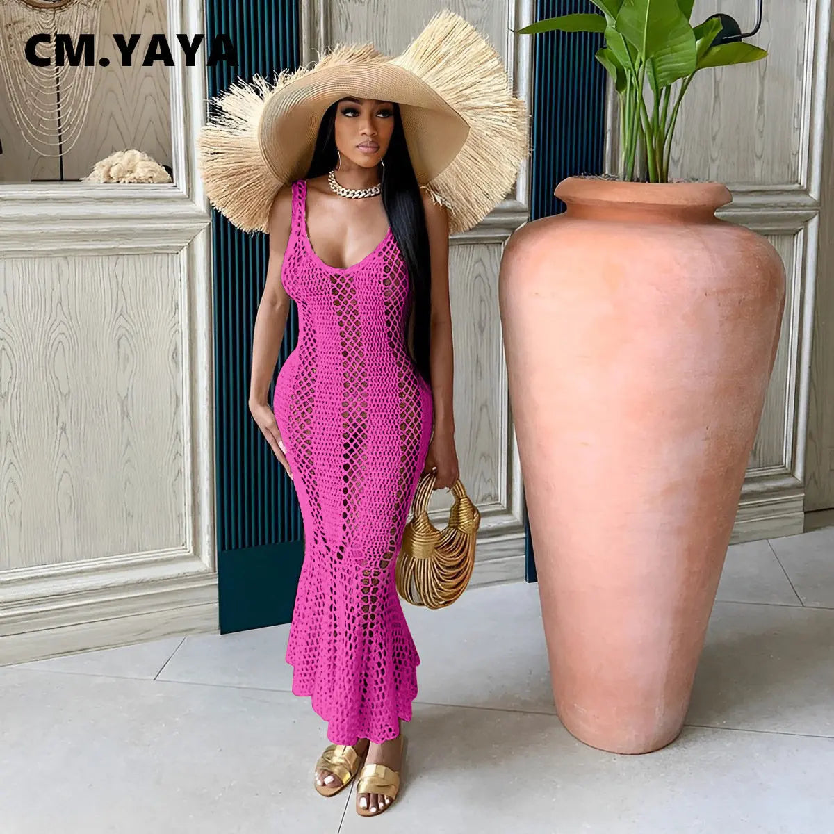 CM.YAYA Women Sleeveless Hollow Out Knit Ribbed Crochet Tank Mermaid Bodycon Midi Dress 2023 Sexy Party Club Vestidos Dresses