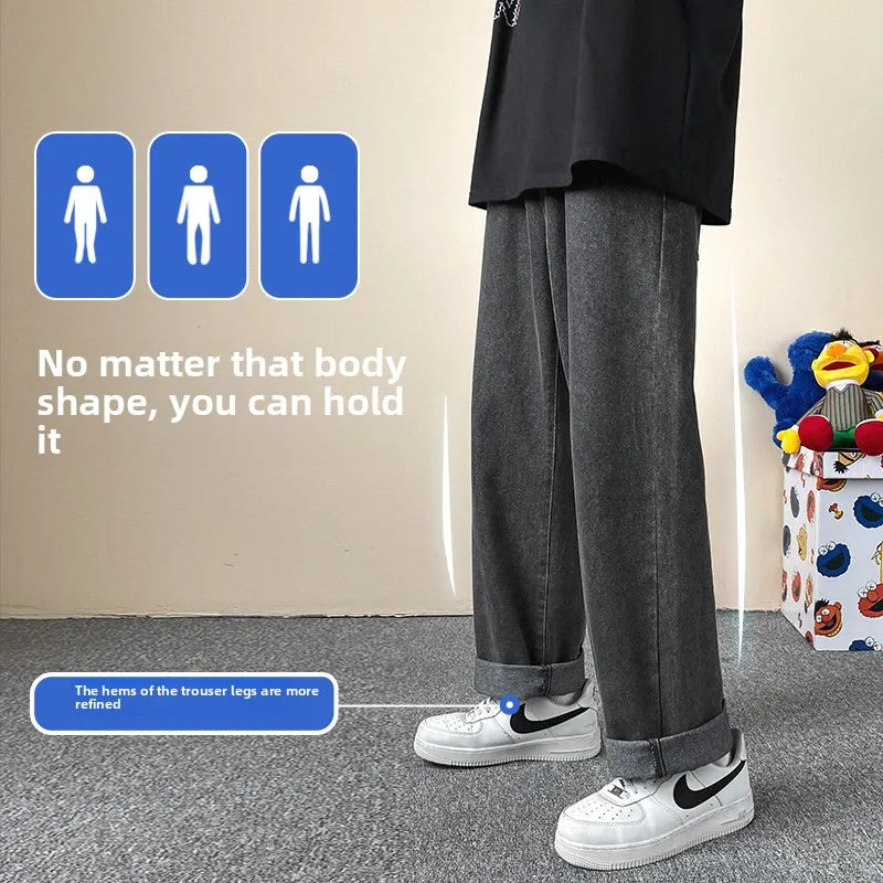 Jeans men's four-season new mopping straight loose wide legs trendy casual handsome comfortable trousers