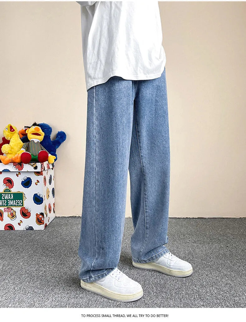Jeans men's four-season new mopping straight loose wide legs trendy casual handsome comfortable trousers