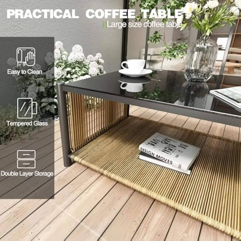 "Patio Furniture Set 4 Pieces, Outdoor 4-Seat Sofa with 2-Tier Coffee Table & Waterproof Thick Cushions – Deep Seating Comfort"