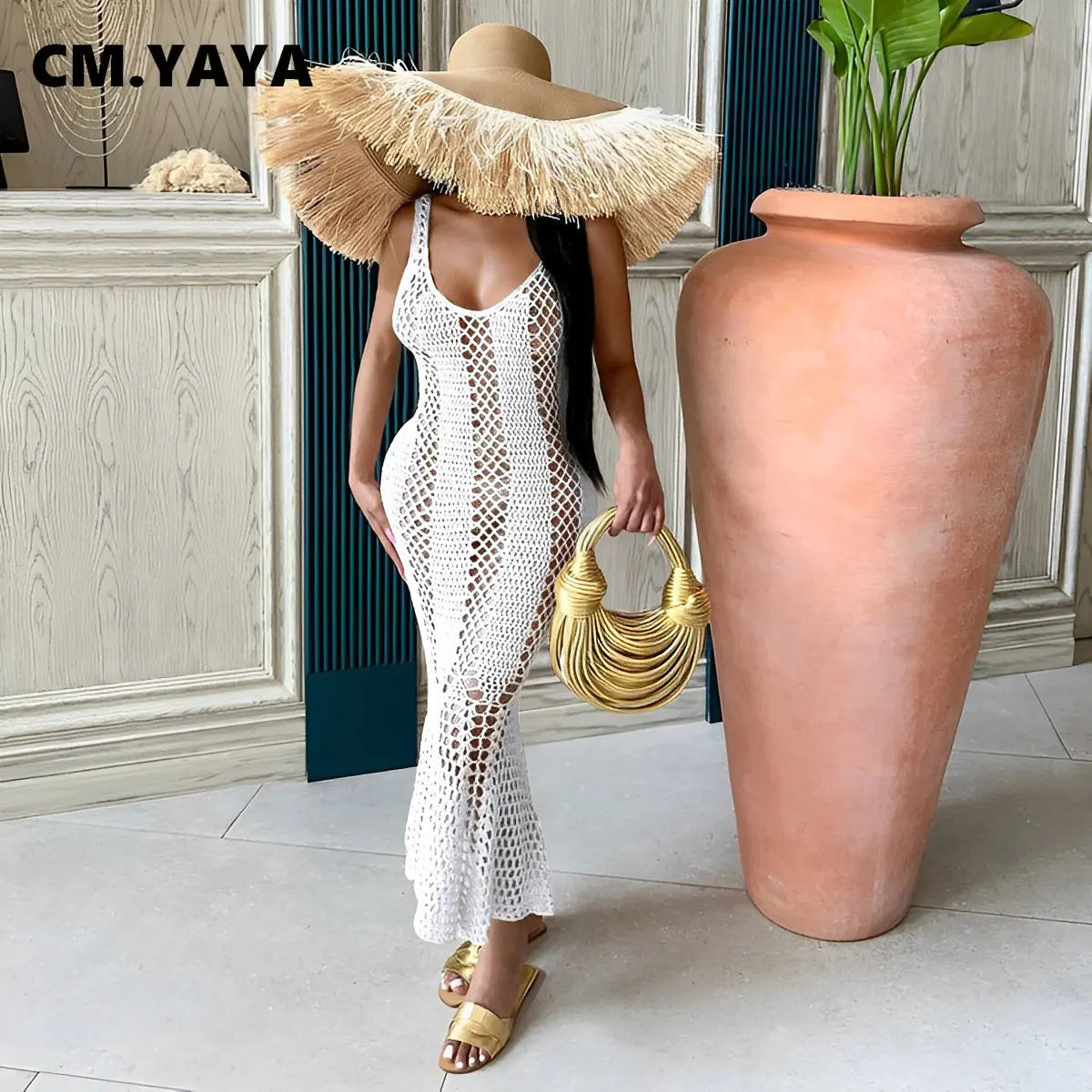 CM.YAYA Women Sleeveless Hollow Out Knit Ribbed Crochet Tank Mermaid Bodycon Midi Dress 2023 Sexy Party Club Vestidos Dresses