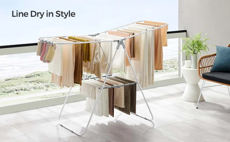 SONGMICS Clothes Drying Rack, With Sock Clips, Metal Laundry Rack, Foldable, Space-Saving, Free-Standing Airer, With Height-A