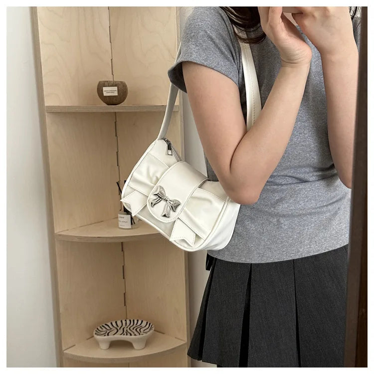 Sweet Bow Small Underarm Bag for Women Fashion PU Leather Ladies Portable Shoulder Bags Solid Color Female Clutch Handbags