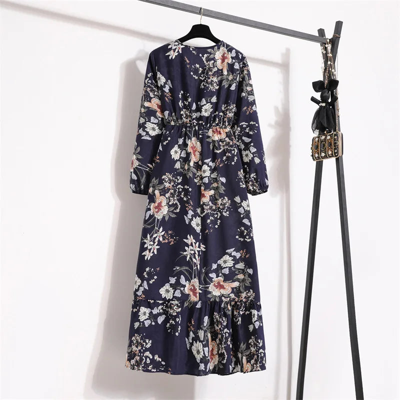 Women Eid Muslim Dresses Dubai Kaftan Tight Waist O Neck Morocco Arab Ruffles Spliced Vestidos Flowers Dress Casual Slim Fit