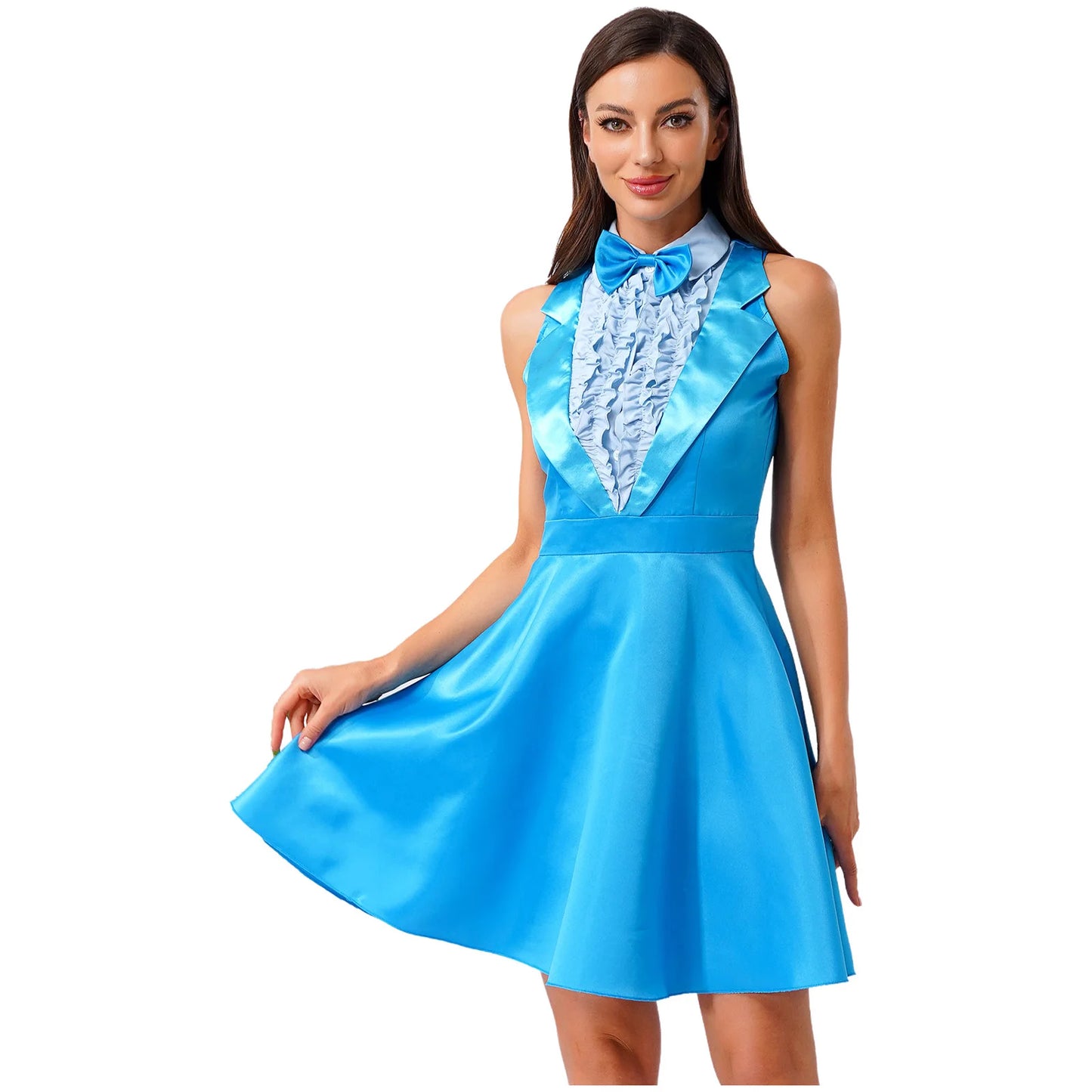 Womens 70s 80s Dumber Maid Dresses Lapel Ruffled Chest A-line Dress And Bowtie Rave Outfits Halloween Waitress Cosplay Costume