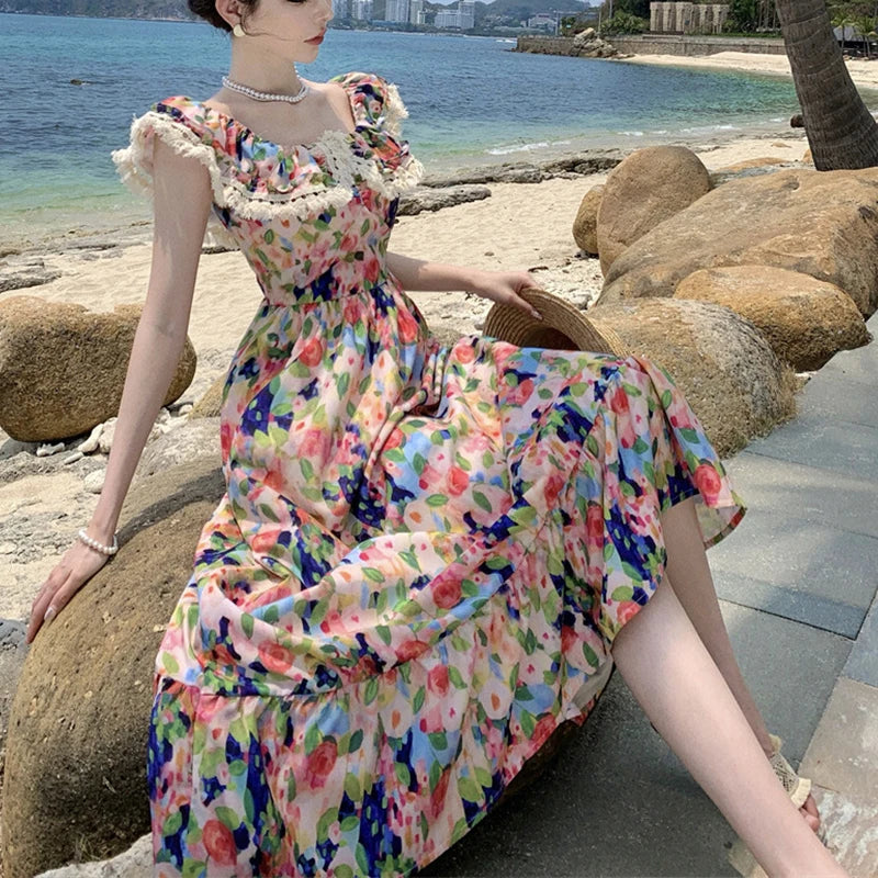 Elegant Dress for Women Print Slash Neck French Style Fashion Dresses Pleated Slim Folds Sweet Vintage New Women's Summer Dress