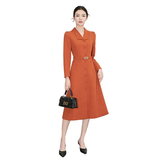 Dresses For Women 2024 Luxury Brand Autumn Long Dress Women's Turn-down Collar Sleeves Single Breasted Sashes Office Lady