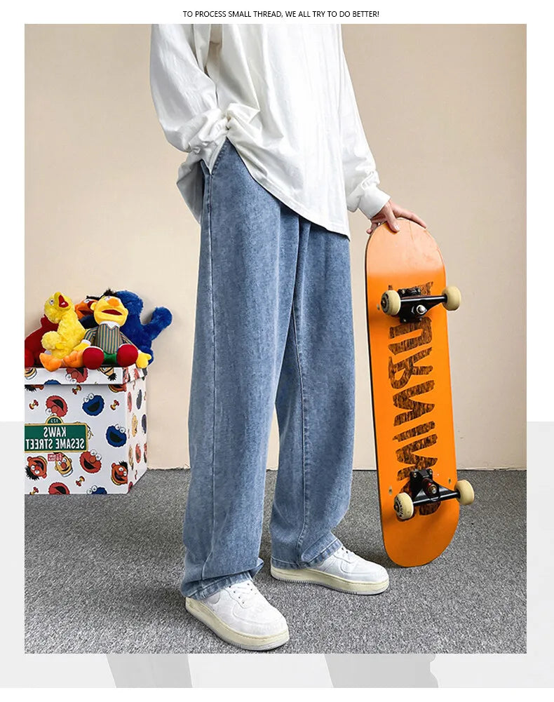 Jeans men's four-season new mopping straight loose wide legs trendy casual handsome comfortable trousers