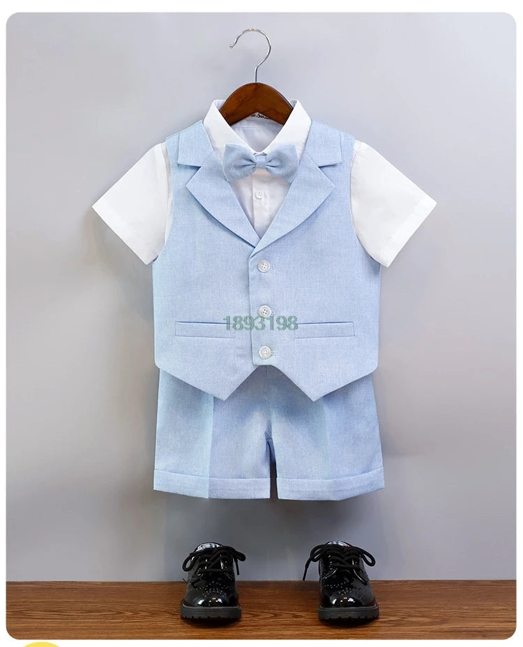 Children's Summer Blue Vest Dress Suit Boy Birthday Party Performance Photography Costume Kids Waistcoat Shorts Bowtie Outfit