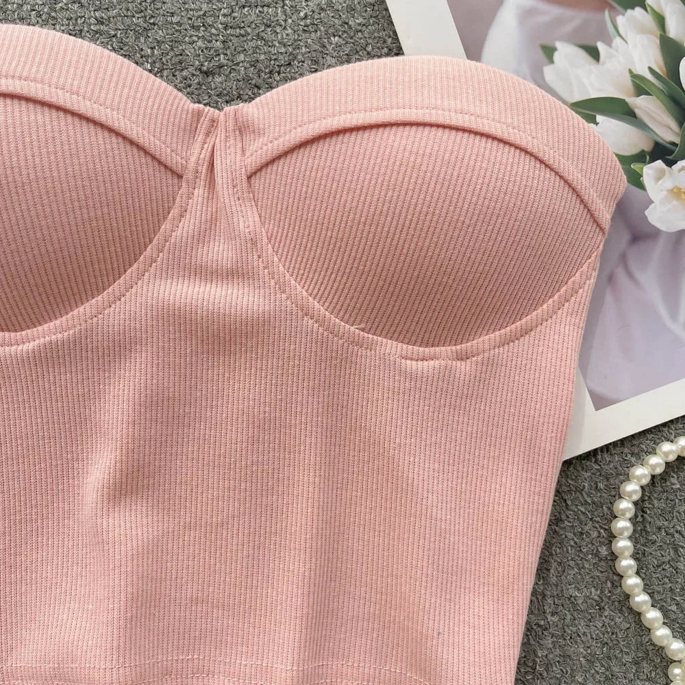 Strapless Western Style Skinny Tanks Camis for Women Summer Casual Solid Colours Female Corset Crop Tube Tops with Built In Bras