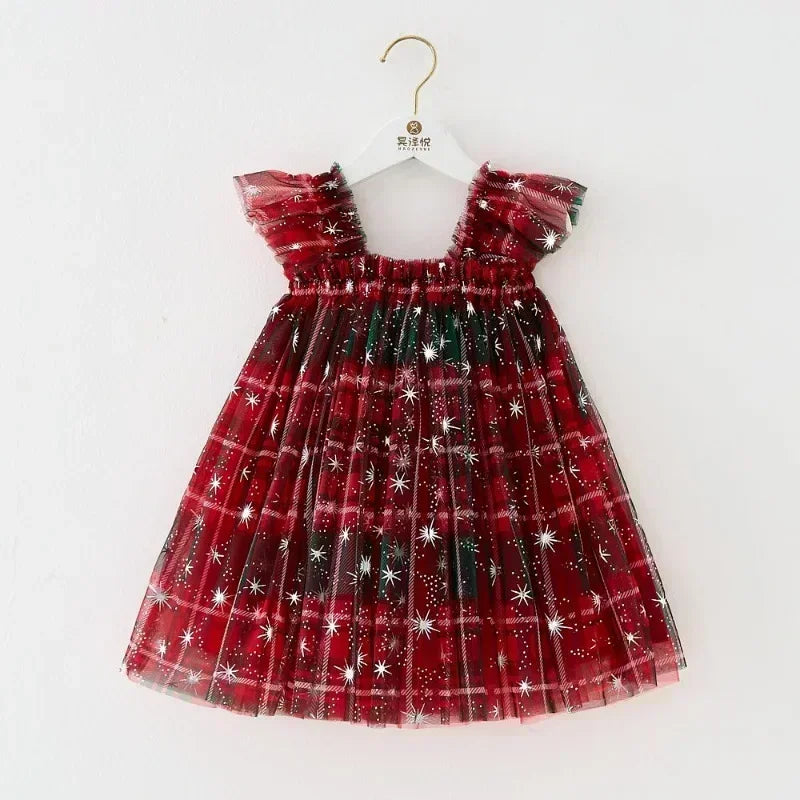 Christmas 2025 Girls Cute Fly Sleeve Star Printed Mesh Puffy Dress Halloween Children Party Photograph Princess Dress 1-6T