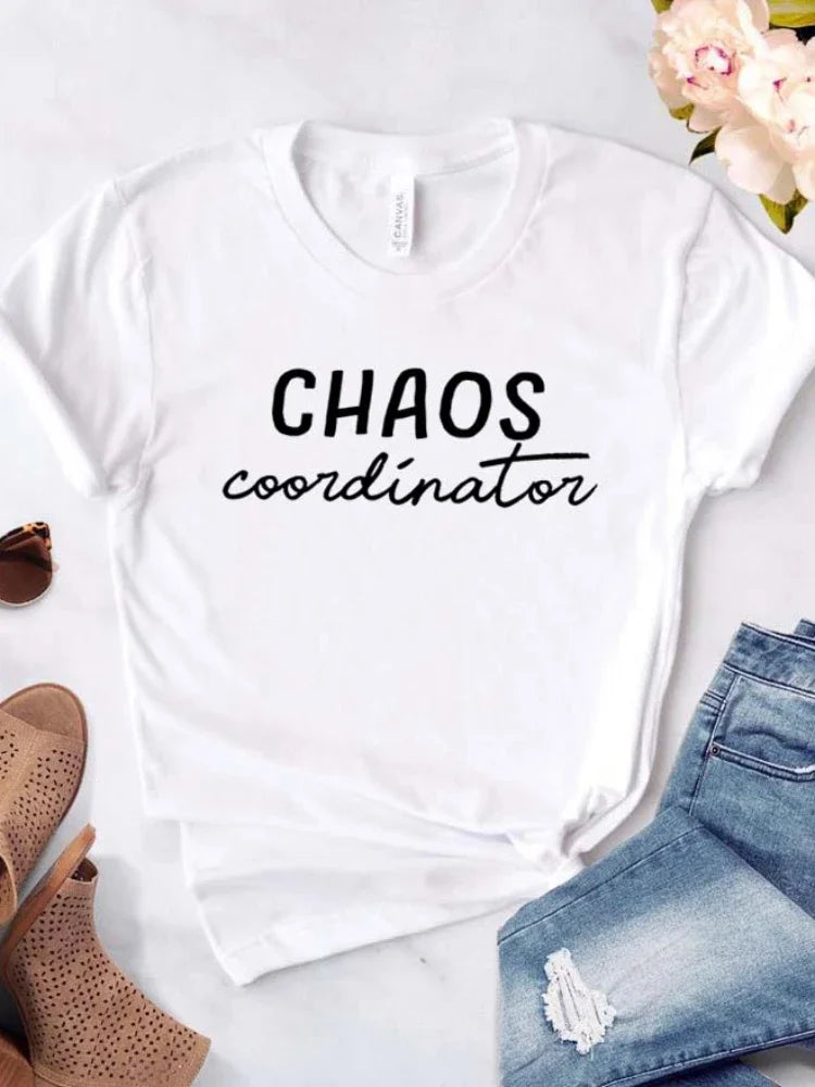 Women T Shirt Chaos Coordinator Letters Print Tshirt Women Short Sleeve O Neck Loose T-shirt Ladies Causal Tee Shirt Tops