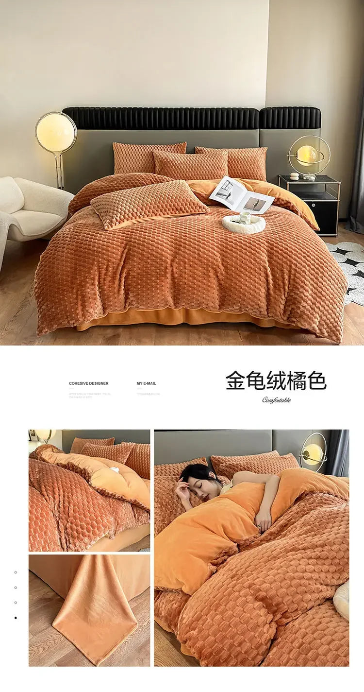 Four Piece Light Pink Honeycomb Plush Bed Duvet Cover Set Winter Milk Velvet Beds Sheet Skirt 3-Piece Home Furnishing Decoration
