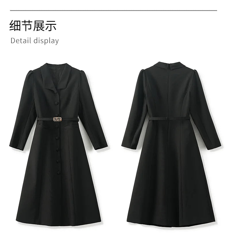 Dresses For Women 2024 Luxury Brand Autumn Long Dress Women's Turn-down Collar Sleeves Single Breasted Sashes Office Lady