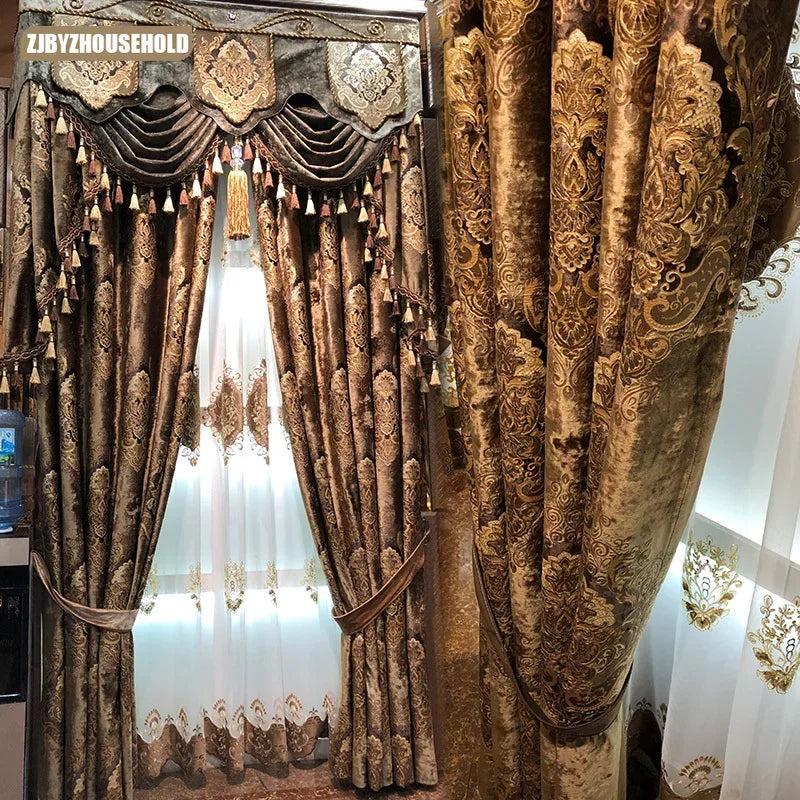 European Curtains for Living Room Dining Bedroom High Window Elegant Palace Luxury Print Velvet Curtain Carved Gold Curry Villa