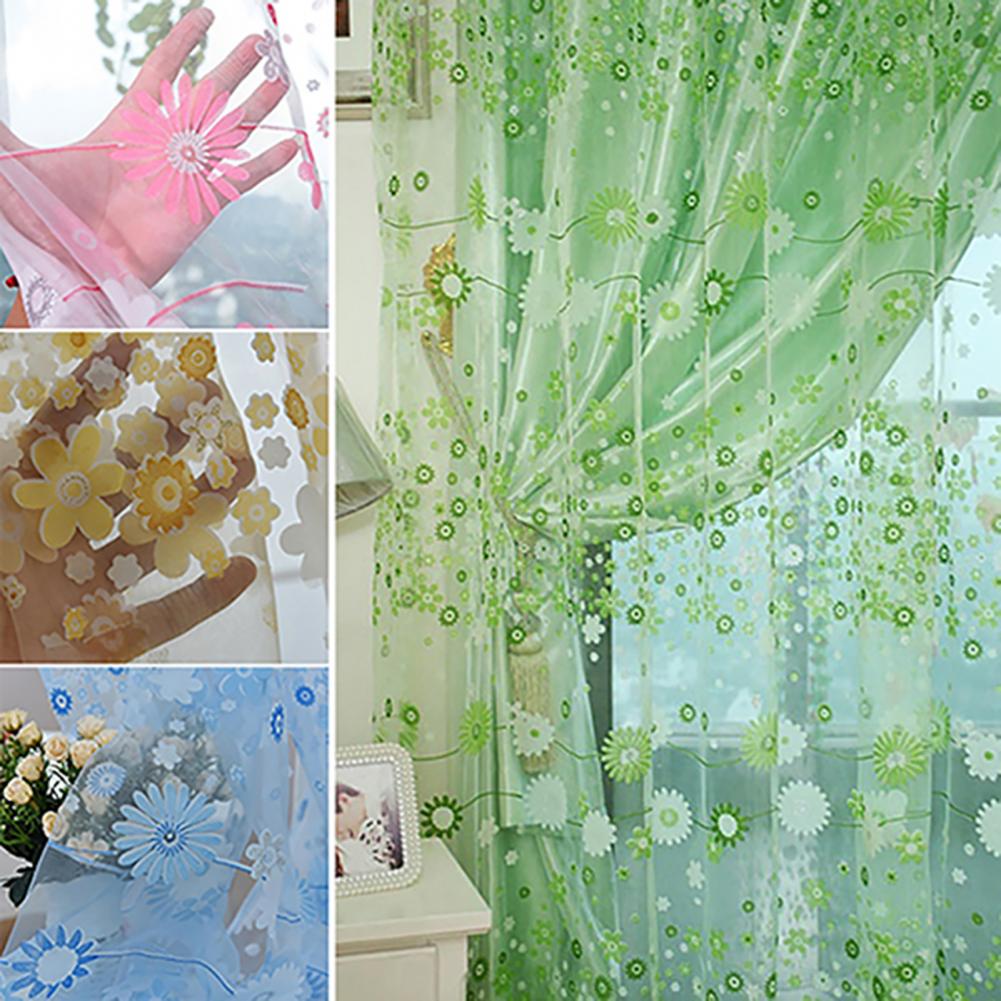 200X100cm Floral Pattern Window Curtain Summer Transparent Room Decor Window Screening Door Curtains Drape Panel Sheer Tulle