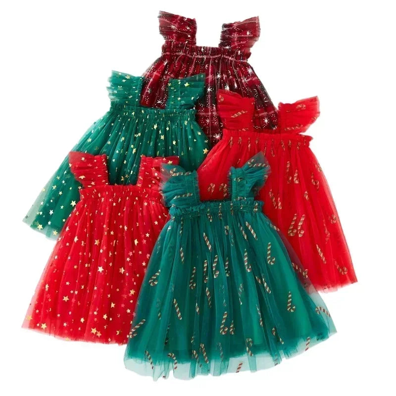 Christmas 2025 Girls Cute Fly Sleeve Star Printed Mesh Puffy Dress Halloween Children Party Photograph Princess Dress 1-6T