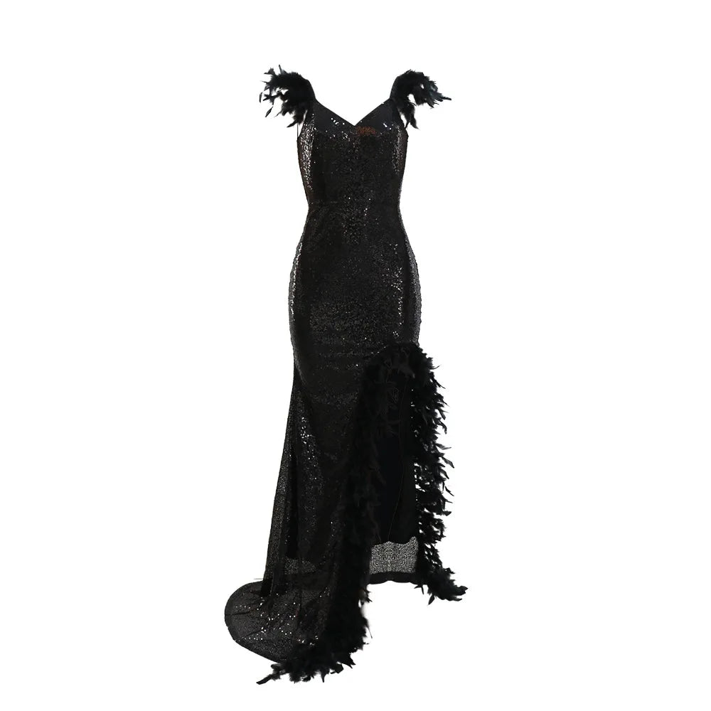 Dress Floor Length Dresses Women Party Gown Sequin Feather Hip Wrap Sexy Slim Fit Vestidos Sleeveless V Neck Backless Evening