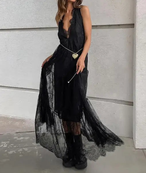 Female Dresses 2025 Sexy Black Brocade Lace Temperament Dress Versatile and Sexy V-Neck Wide Truffle Back Women's Long Dress