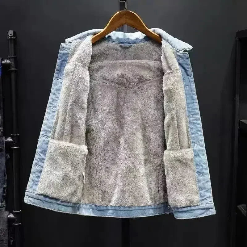 Men Coat Thick Denim Jackets Turn Down Collar Lamb Wool Coats Full Sleeve Casual Splice Single Breasted Jacket Autumn Winter