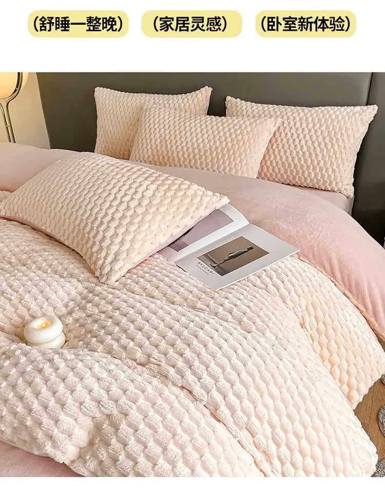 Four Piece Light Pink Honeycomb Plush Bed Duvet Cover Set Winter Milk Velvet Beds Sheet Skirt 3-Piece Home Furnishing Decoration