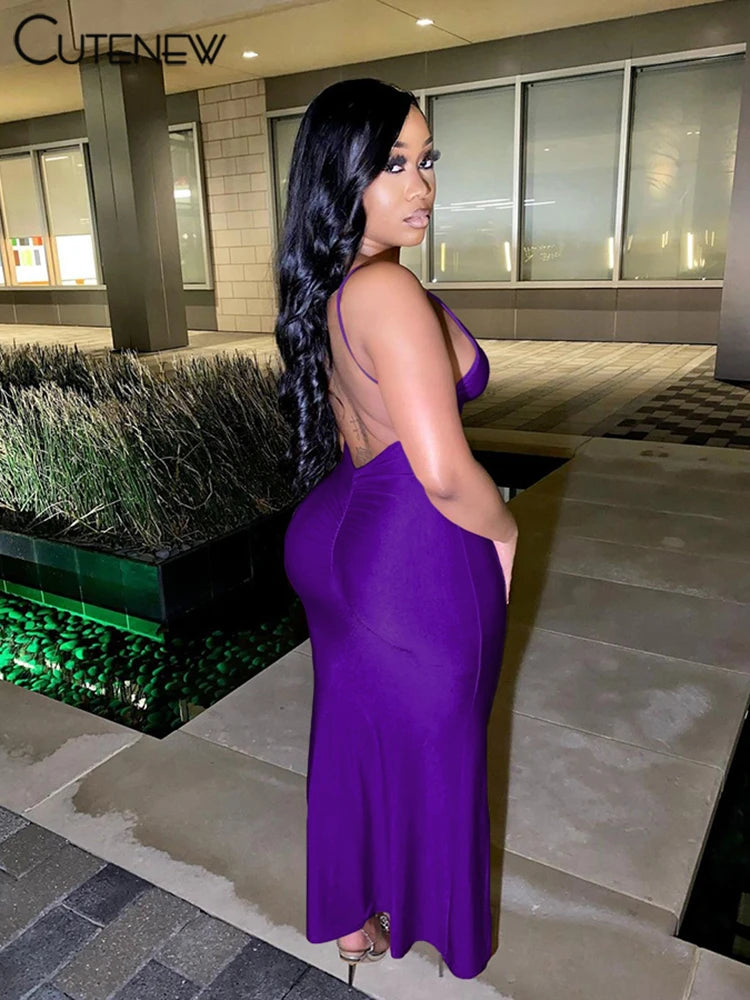 Cutenew Red Shiny Spaghetti Strap Maxi Dress Women Solid Sexy Backless Ruched Cleavage Body-shaping Robe Lady Hipster Streetwear