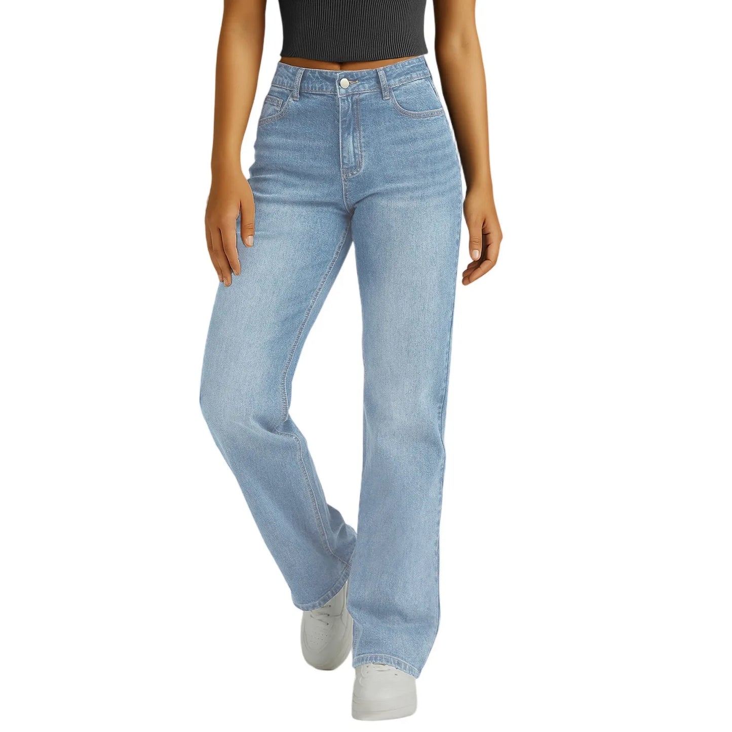 Jeans Women Straight Long Pants Casual Floor Length Mom Pant Blue High Waist Elegant Zipper Fly Pockets Slim Y2k Denim Trousers