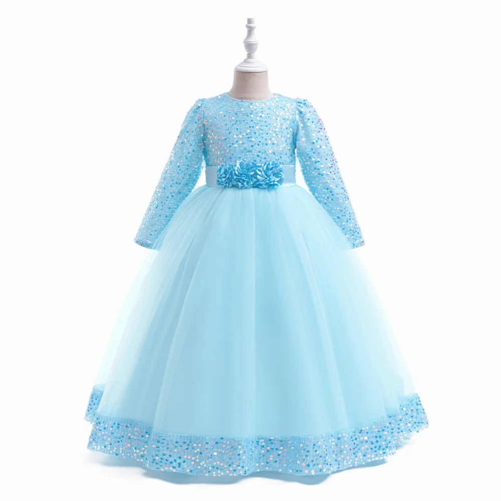 Christmas Princess Dress For Girls Children Costume Long Sleeve Sequin Wedding Evening Vestidos Kids Girl Birthday Party Dresses