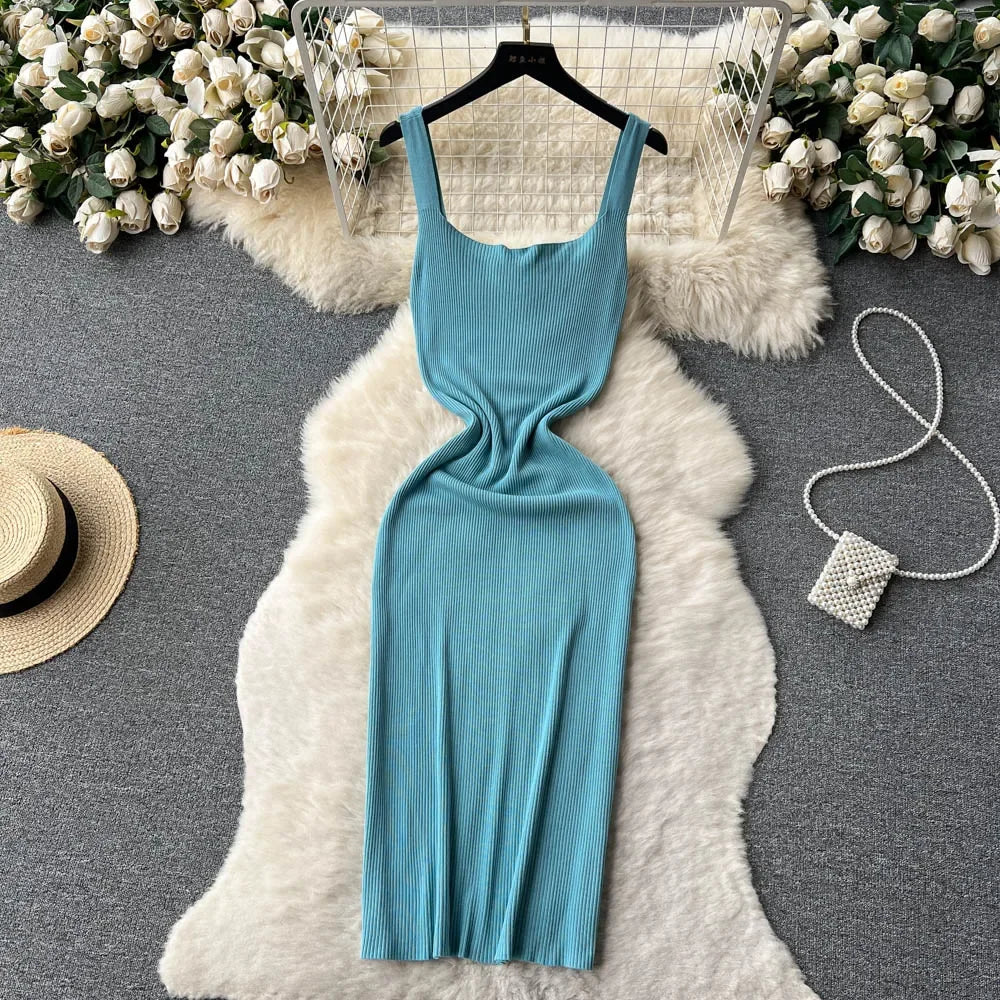 Summer Knit Sexy Strap Dress Women Tank Elatic Waist Bodycon Sundress Female Beach  Backless Maxi Long Dress