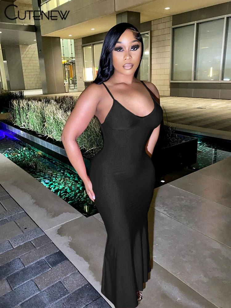 Cutenew Red Shiny Spaghetti Strap Maxi Dress Women Solid Sexy Backless Ruched Cleavage Body-shaping Robe Lady Hipster Streetwear