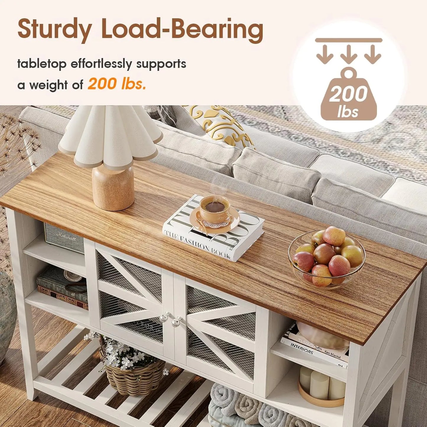 Vabches Entryway Table with 2 Screen Doors&5 Open Storage Shelves&Sturdy Legs White Wood Console Table for Living Room Hallway