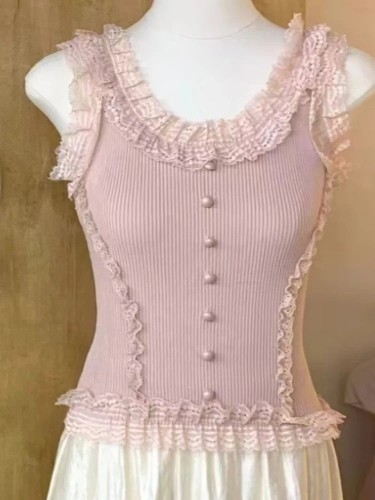 Korean Lace Patchwork Crop Top Women U-Neck Knitted Stretch Tank Top 2025 Summer Female White Lace Stretch Cami