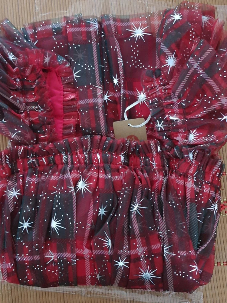 Christmas 2025 Girls Cute Fly Sleeve Star Printed Mesh Puffy Dress Halloween Children Party Photograph Princess Dress 1-6T
