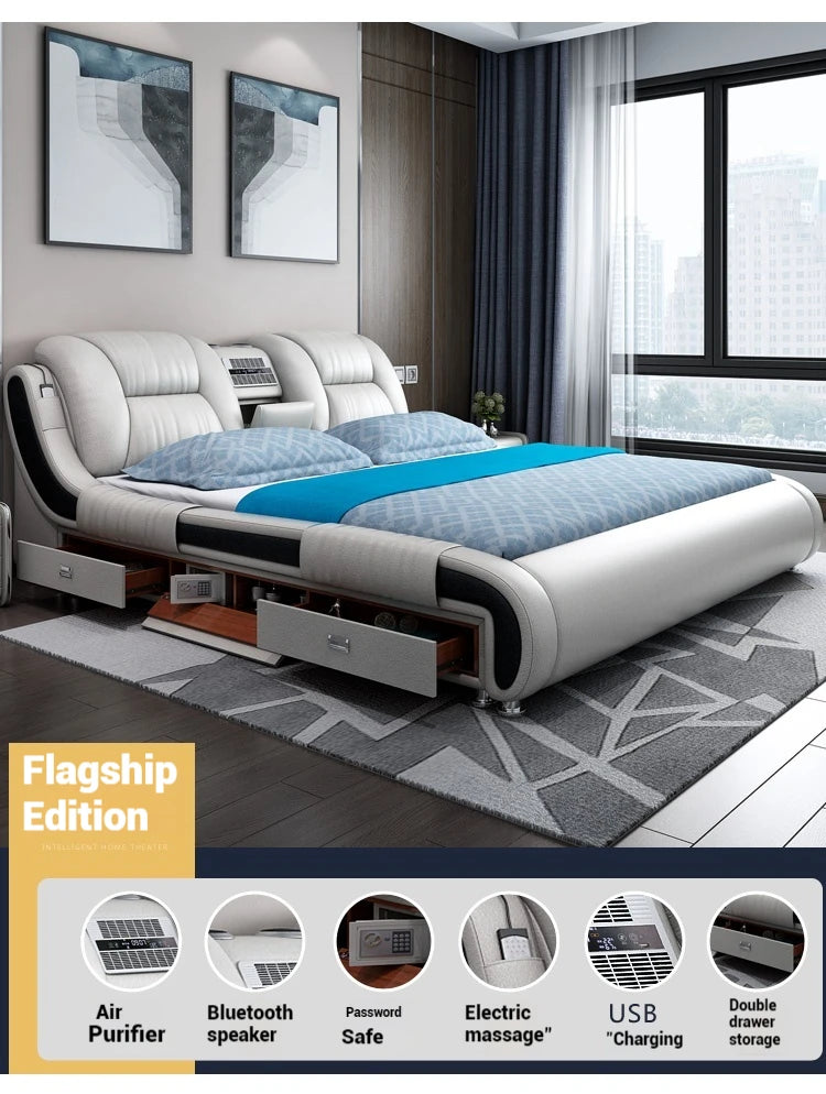 Queen Luxury Modern Double Bed Storage Multifonction Bedroom King Double Bed White Frame Smart Cama Box Casal Room Furniture