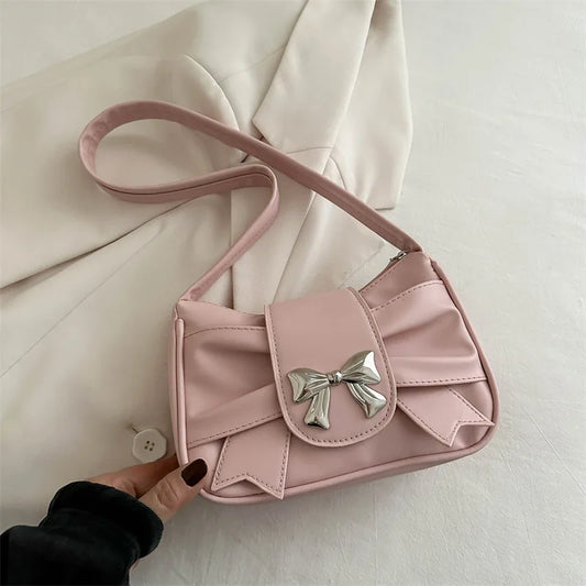 Sweet Bow Small Underarm Bag for Women Fashion PU Leather Ladies Portable Shoulder Bags Solid Color Female Clutch Handbags