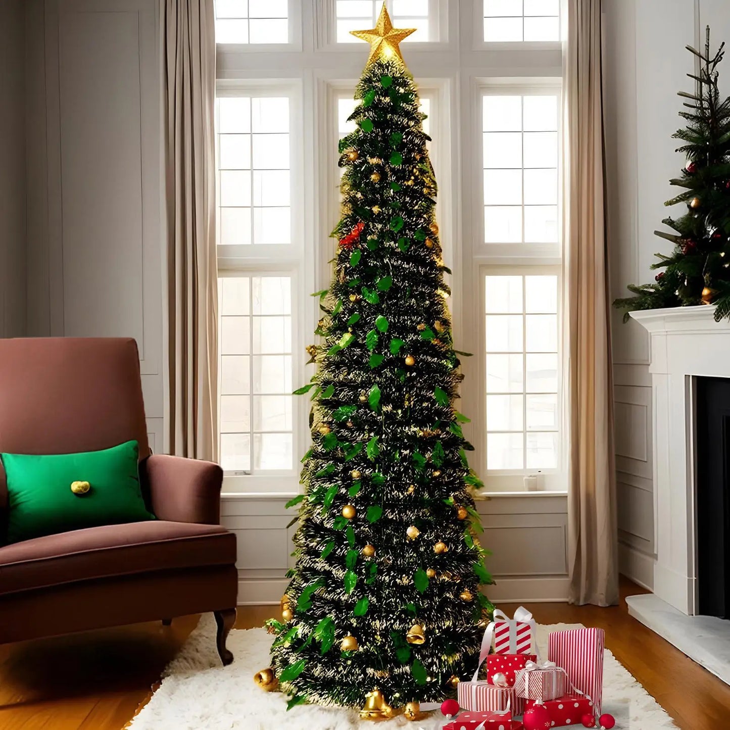 Christmas Tree 5 Ft Festival Ornament Faux Foldable Christmas Tree Christmas Decoration for Winter Holiday Season Decor Indoor
