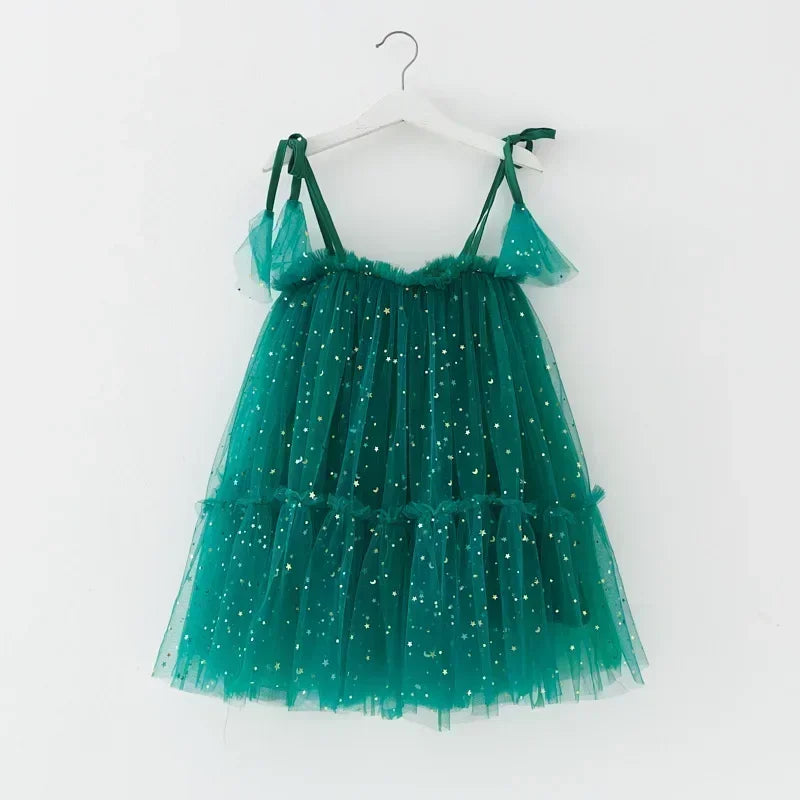 Christmas 2025 Girls Cute Fly Sleeve Star Printed Mesh Puffy Dress Halloween Children Party Photograph Princess Dress 1-6T