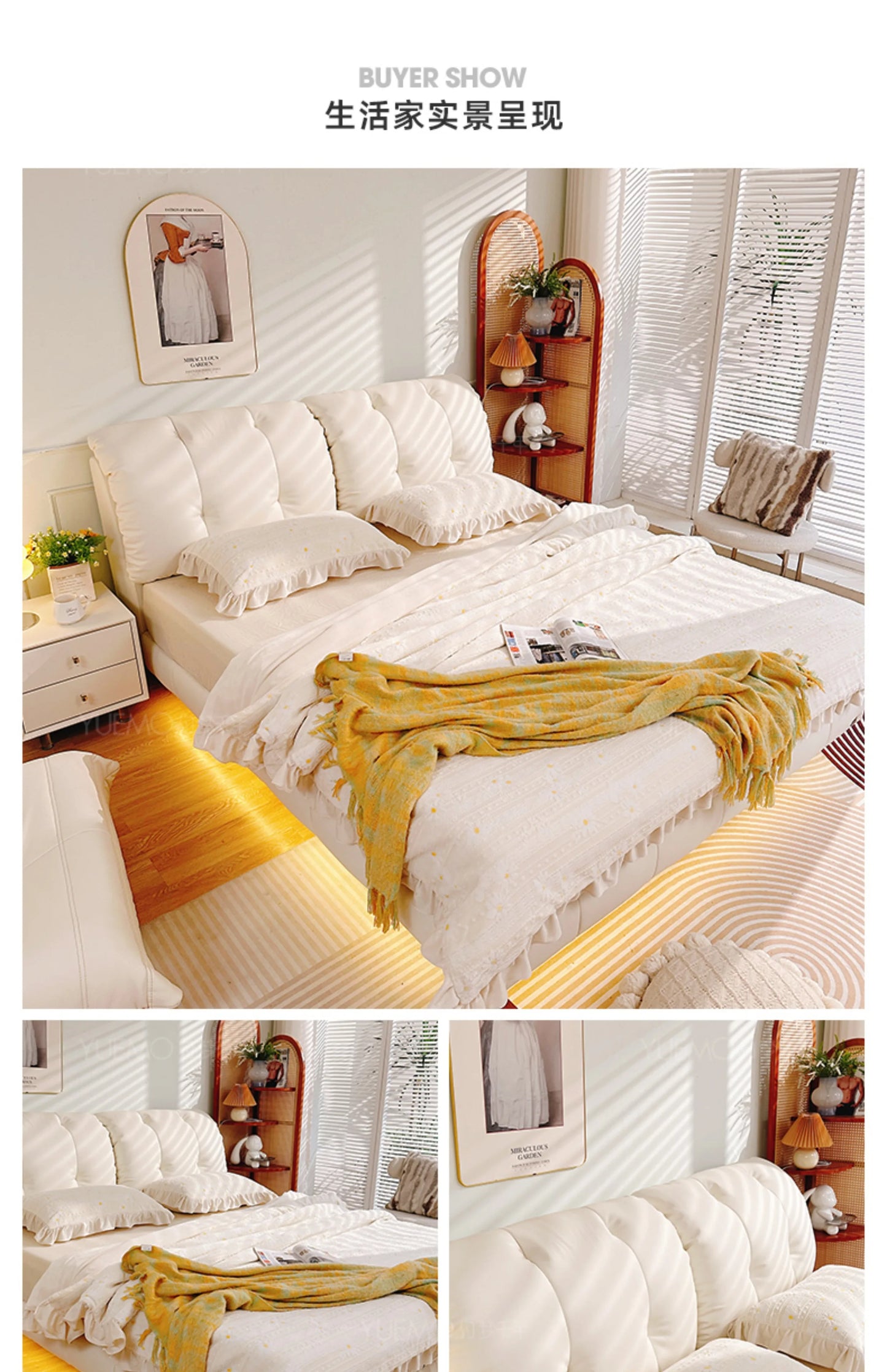 Pretty Elegant Double Bed Frame Mattress White Comferter Bed Queen Size Cama Matrimonial Bedroom Furniture