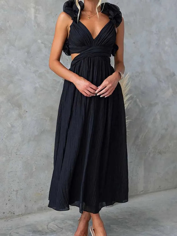 Sleeveless Dresses for Women Elegant Straps Pleated Dress Backless Summer Cotton Linen Dresses High Waist Wholesale Dropshipping