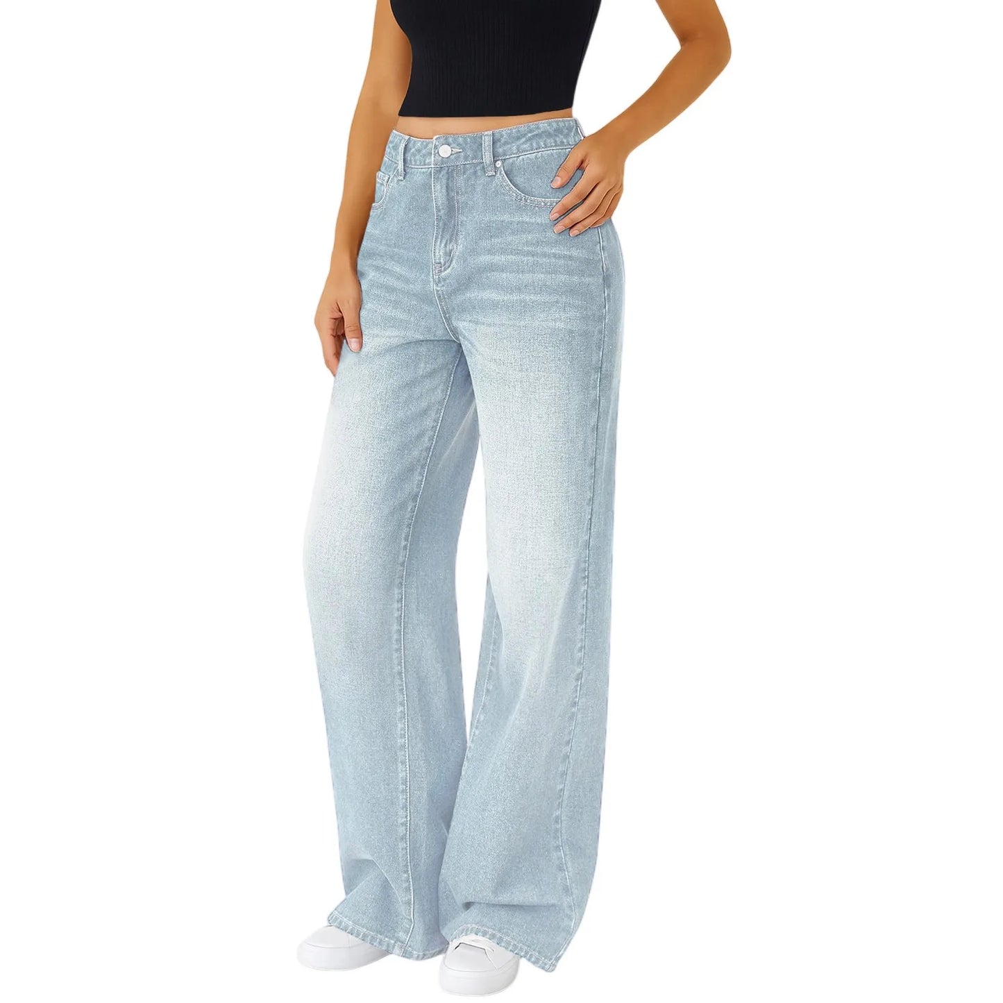 Jeans Women Straight Long Pants Casual Floor Length Mom Pant Blue High Waist Elegant Zipper Fly Pockets Slim Y2k Denim Trousers
