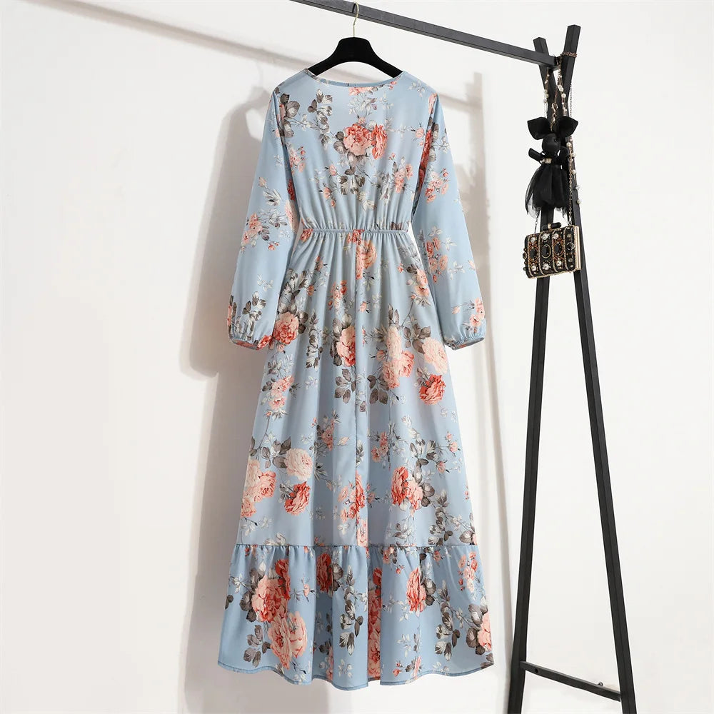Women Eid Muslim Dresses Dubai Kaftan Tight Waist O Neck Morocco Arab Ruffles Spliced Vestidos Flowers Dress Casual Slim Fit