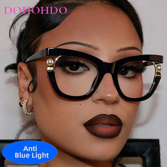 Vintage Brand Designer Pearl Cat Eye Optical Glasses Men Women Trendy Luxury Computer Anti-Blue Light Protection Spectacle Очки